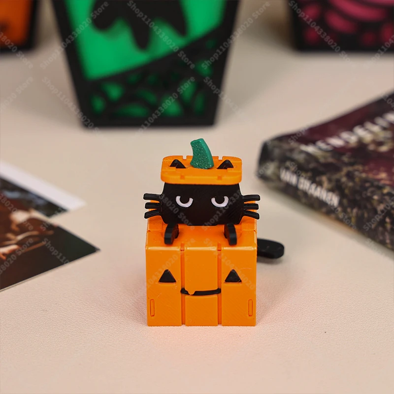 لغز القط اليقطين DIY للهالوين - لعبة تجميع ثلاثية الأبعاد مقاس 5 سم مع قطة سوداء وفانوس برتقالي، ديكور سطح المكتب 4 × 4 سم