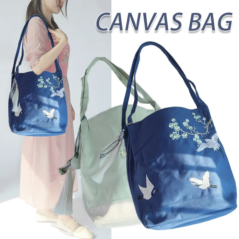 New Hanfu Retro Chinese Style Canvas Bag Ancient Style Canvas Peach Blossom Embroidery Handbag Shoulder Bucket Bag 2025