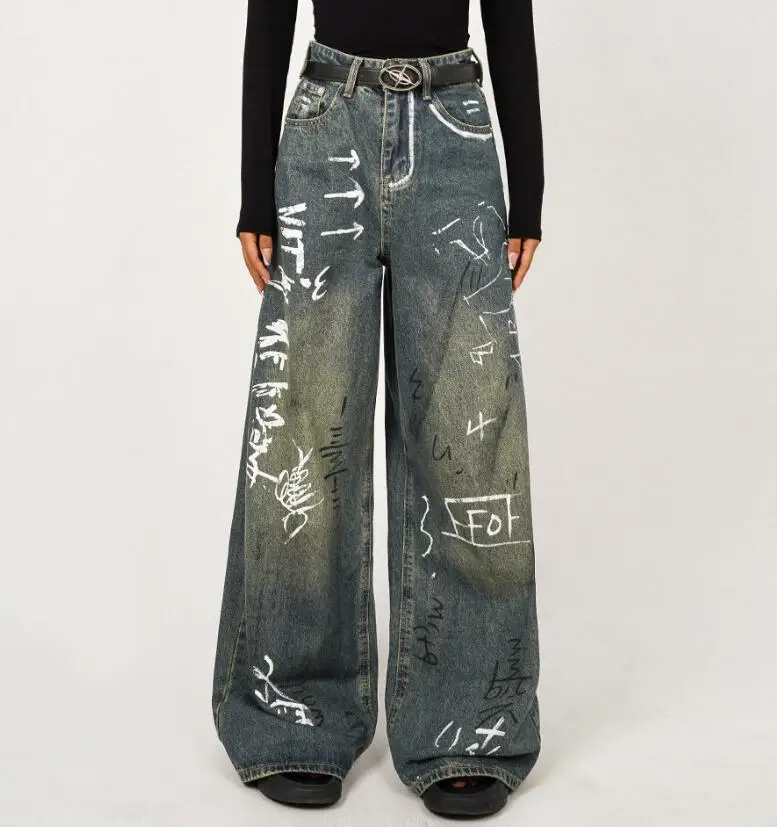 Fashion Vintage Graffiti Spicy Girl Do The Old Jeans Women High Waist Wide Leg Loose Casual Denim Pants s789