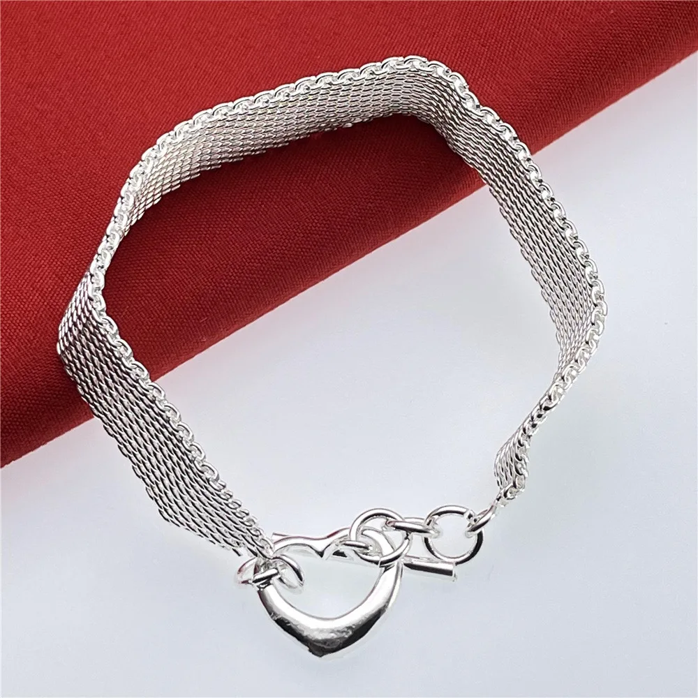 

Korean Fashion 925 Sterling Silver Mesh Bracelets Heart For Women To Clasp Charms Party Wedding Jewelry 16mm Width Holiday Gifts