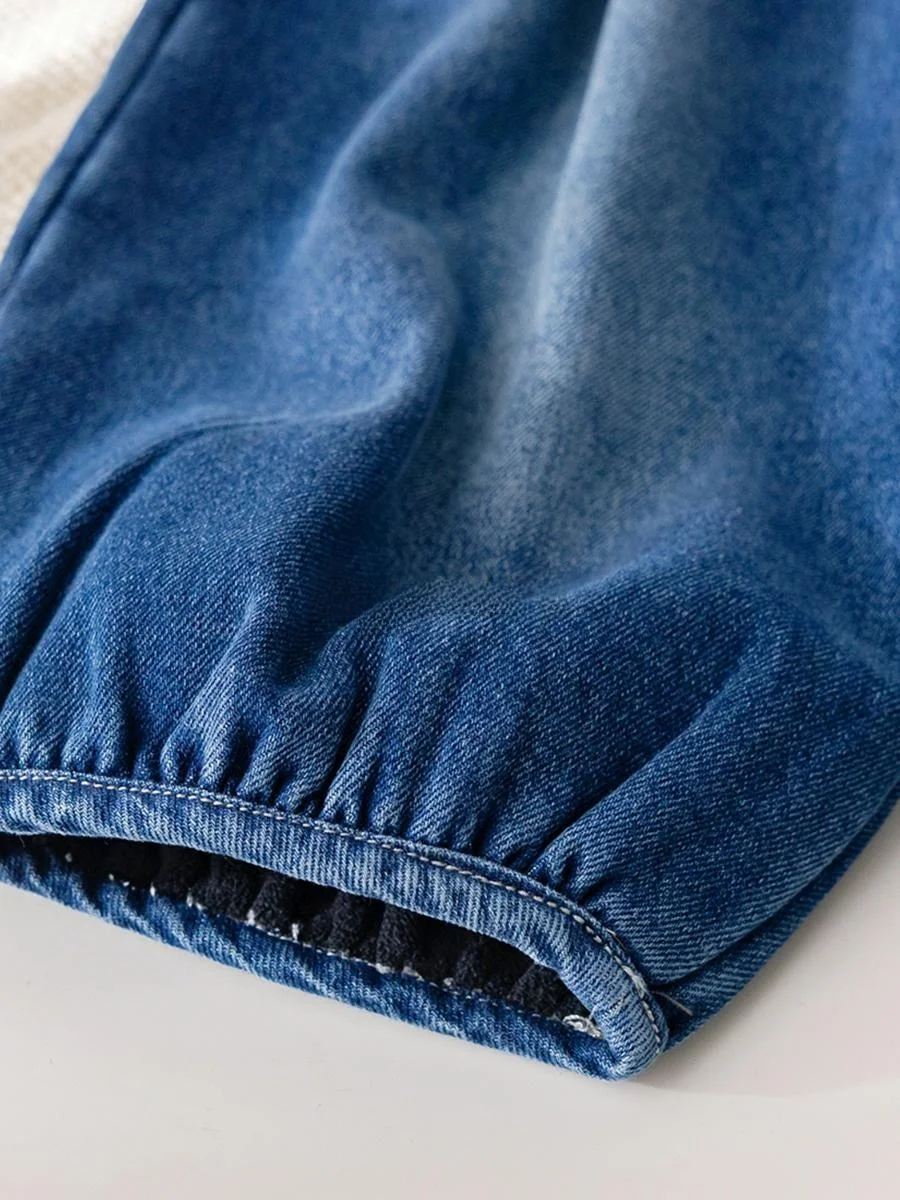 Mädchen Gefütterte Jeanshose Winter Neue Karierte Hose mit Spitzenbesatz Lässige Hose Baby Winter Urlaub Zweiteiliges Set Lange Hose