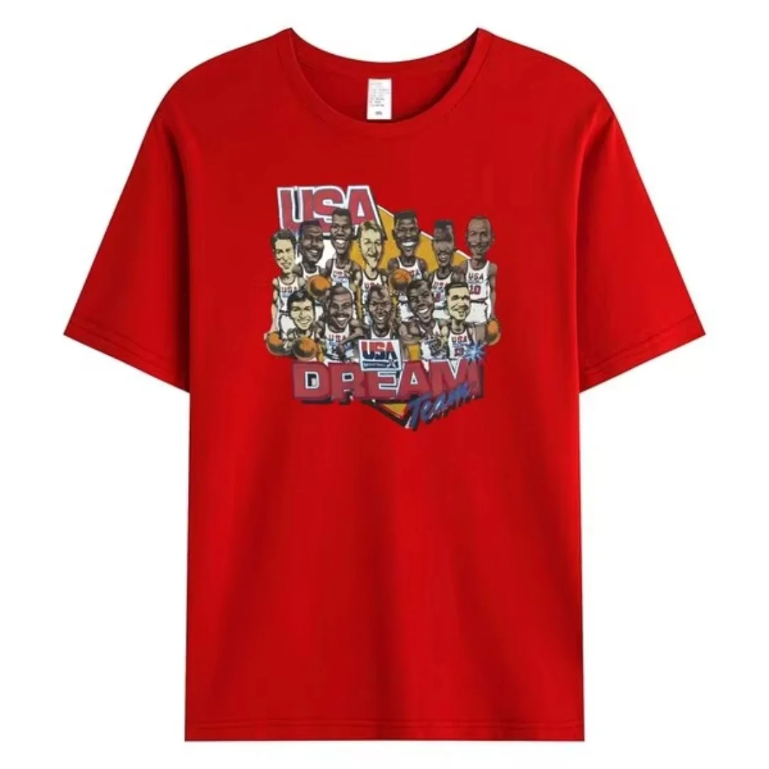 2024 Summer Vintage Oversized Loose Cotton Hip Hop Short Sleeve Style 1992 Basketball T-Shirt 90s Dream Team Mens Clothes