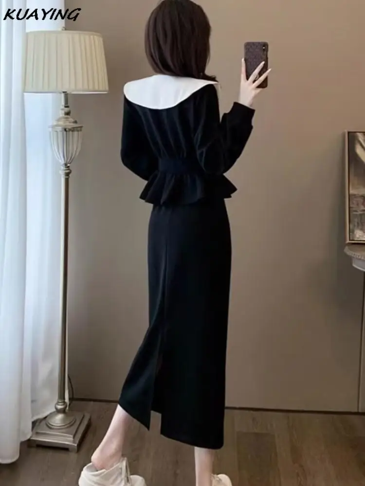 Fashion Women Elegant Skirt Suits Autumn Patchwork Long Sleeves Tops Solid Straight Skirts 2 Peice Sets Female Office Outfits