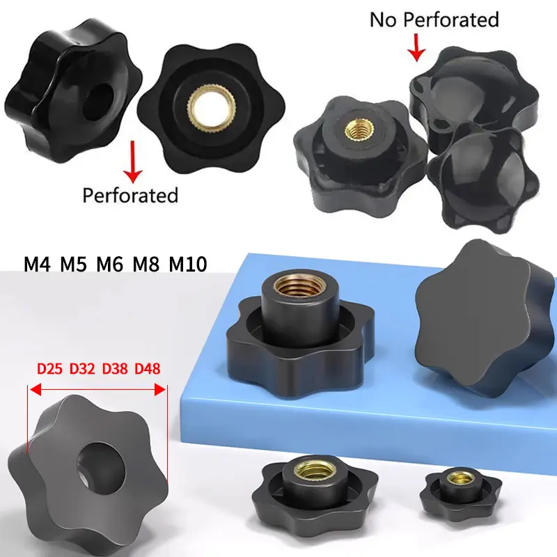 5PCS  Plum Hand Tighten Nuts Handle Thread Star Mechanical Black Thumb Nuts Clamping Knob Manual Nuts M4 M5 M6 M8 M10