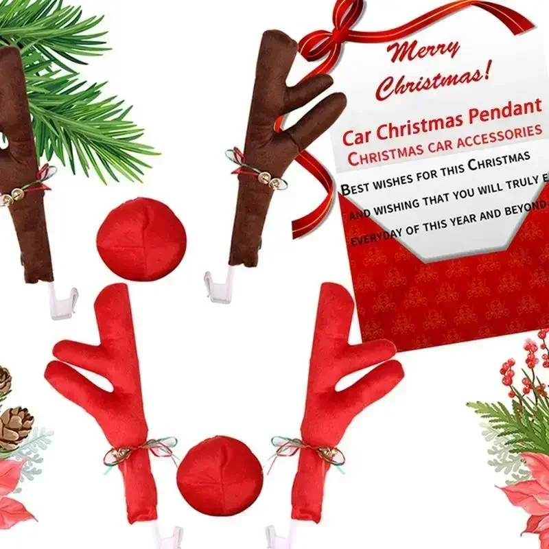 Reindeer Christmas Decoration Car Nose Antler Costume Set Christmas Reindeer Antlers Red Nose Decoration Elk Antlers
