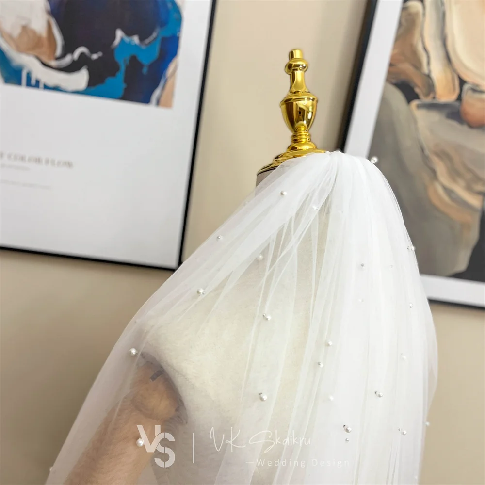 VK SKAIKRU Ivory Wedding Veil กับหวีไข่มุกปลอม2ชั้นปลายนิ้วเจ้าสาวลูกไม้ Applique ขอบม่านจัดงานแต่งงานสำหรับเจ้าสาว