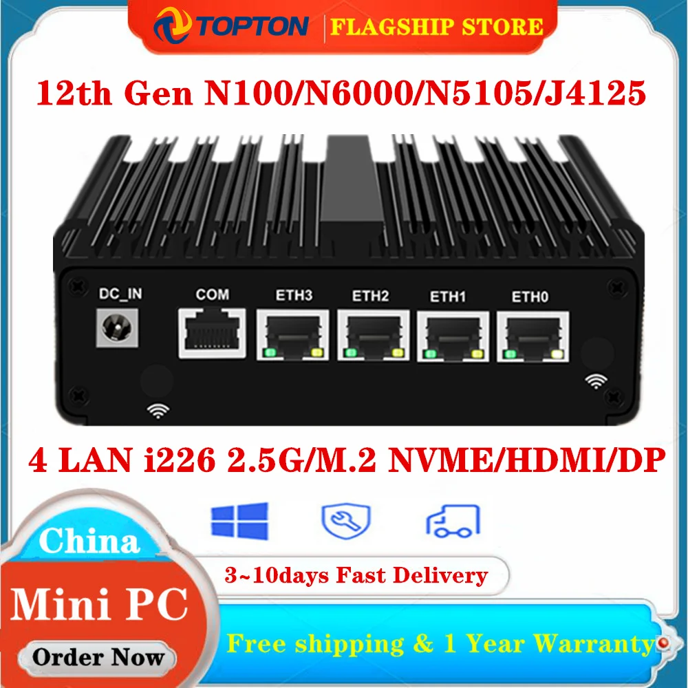 Przemysłowy bezwentylatorowy mini PC 12. generacji N100 N6000 Soft Router 4x 2.5G i226 i225 LAN NVMe Intel Firewall HDMI2.0 OPNsense PVE ESXi