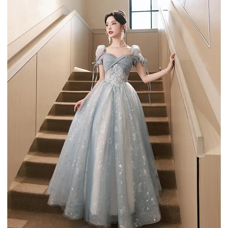 Robe de soiree Blue wholesale Off Shoulder Lace up Elegant Embroidery Toast Banquet Long style Party Prom Dress Evening Dress