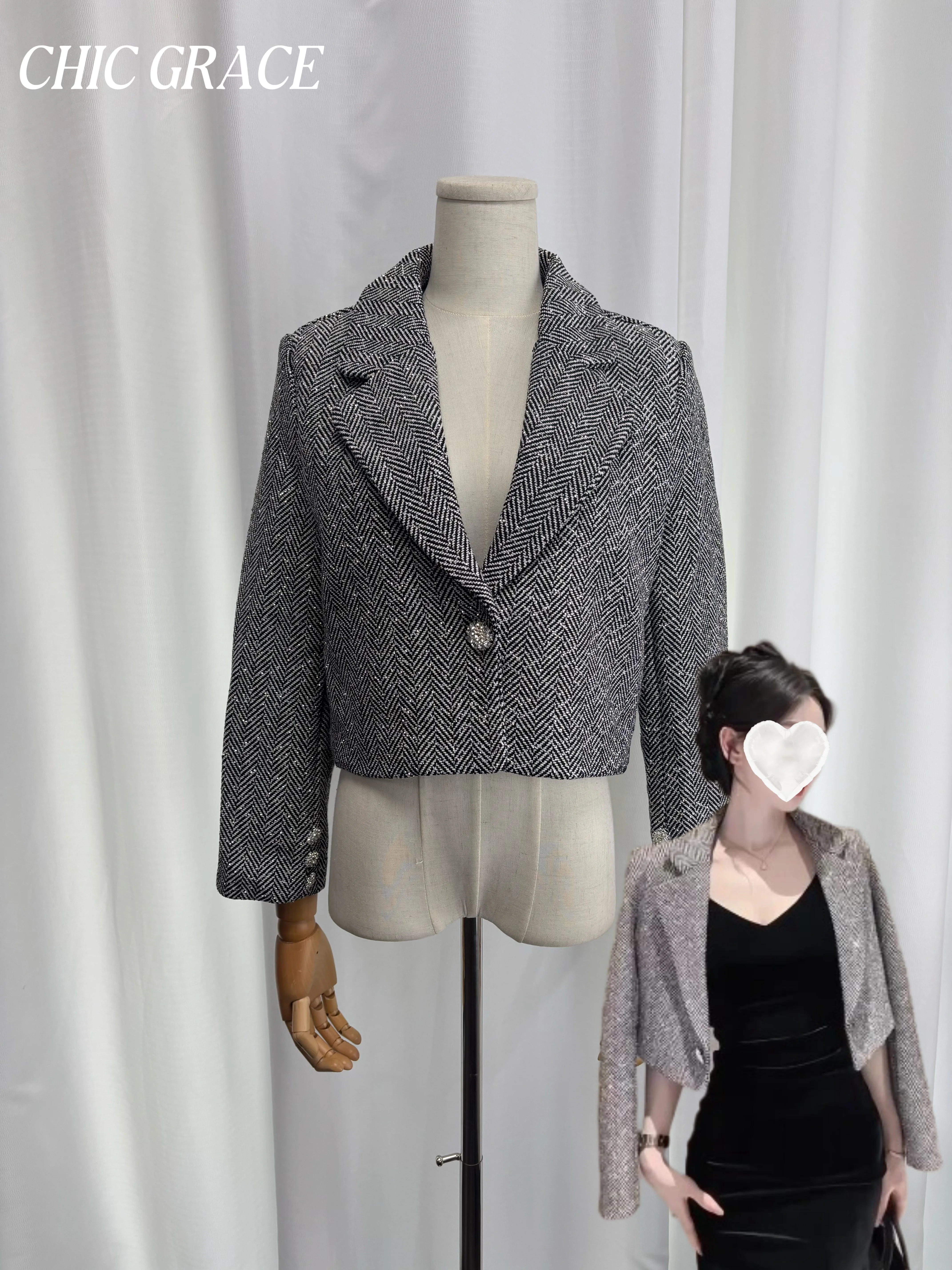 Real Shot Women's 2025 Spring French Luxury Short Blazer Herringbone Pattern Long Sleeve Stylish Elegant Chic Upscale Fashion Ou