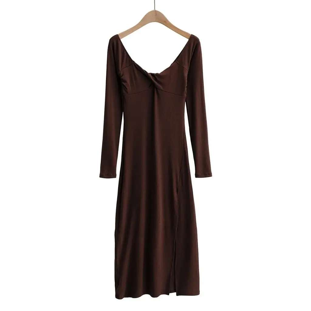 Vestido de manga larga con cuello en U de corte bajo para mujer estilo europeo y americano primavera otoño vestido Sexy con abertura lateral a la moda