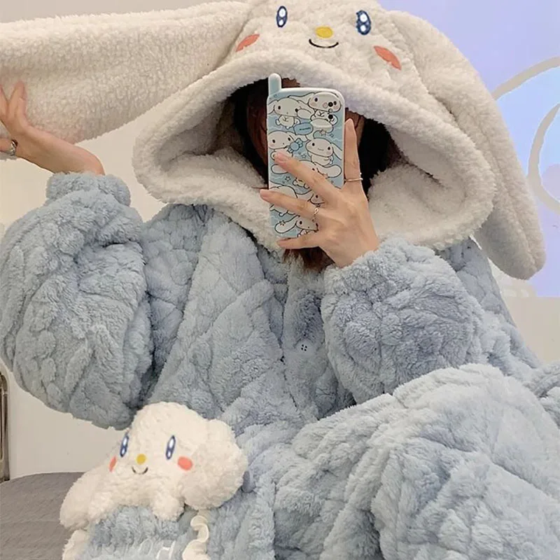 2Pcs Sanrioed Cinnamoroll Plush Pajama Winter Women's Three-Layer Quilted Velvet Thickened Flannel Cartoon Hooded Home Clothes