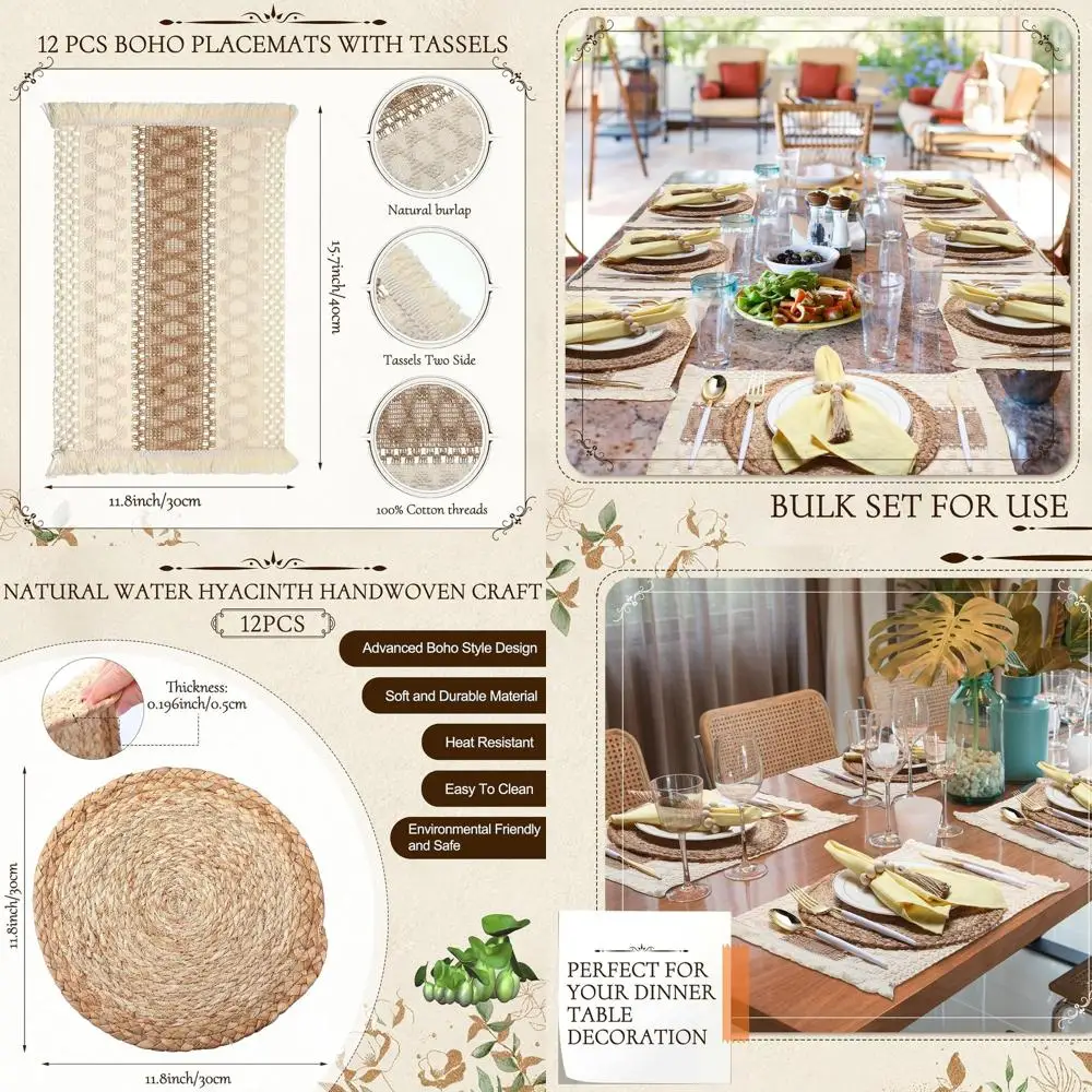 

Набор из 12 натуральных хлопковых подставок под тарелки из мешковины с макраме-кисточками и бусинными кольцами для салфеток для весенних свадеб и вечеринок