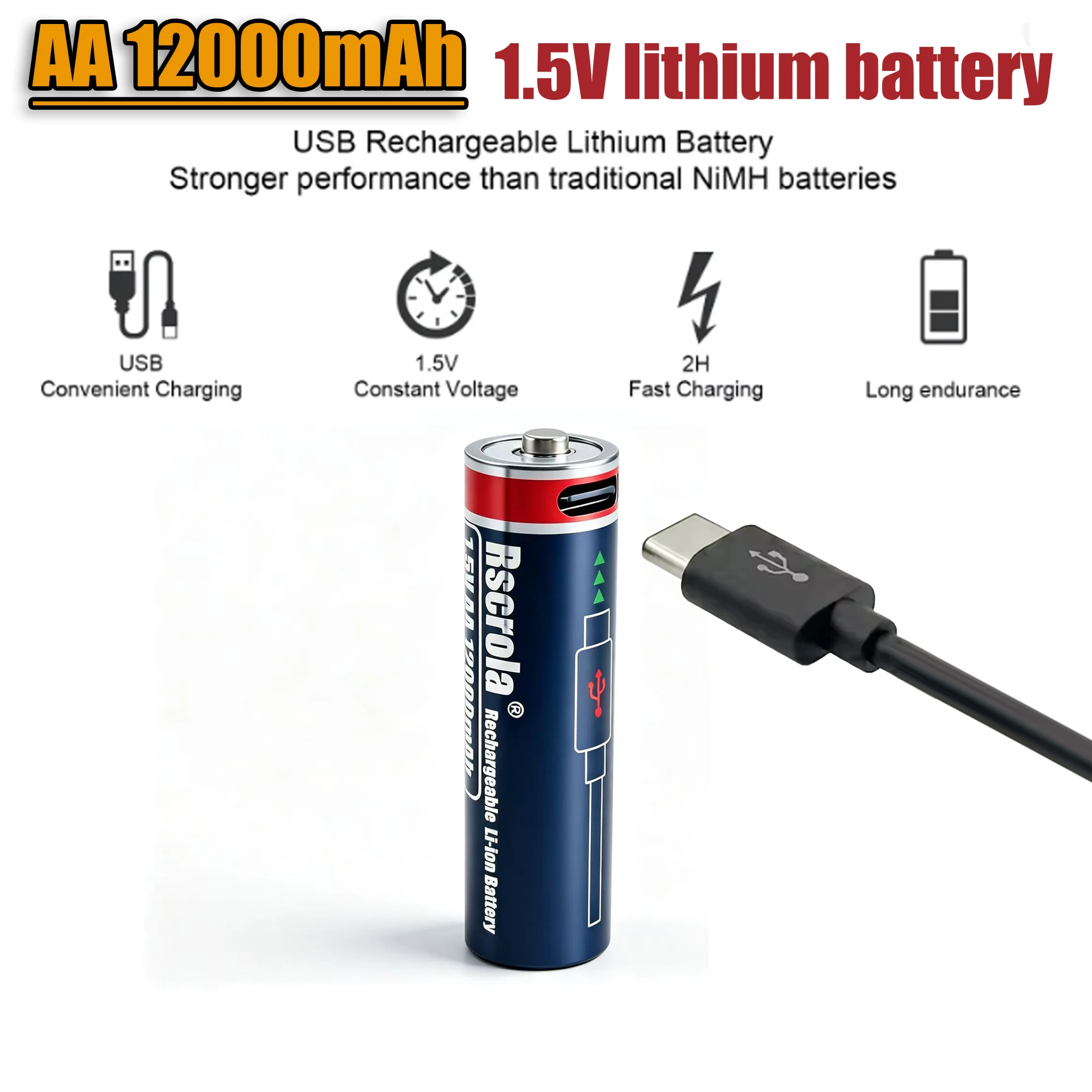 1.5V AA Rechargeable Li-ion Battery 12000mAh Type-C USB Fast Charging for Toys Shaver Smart Home Devices