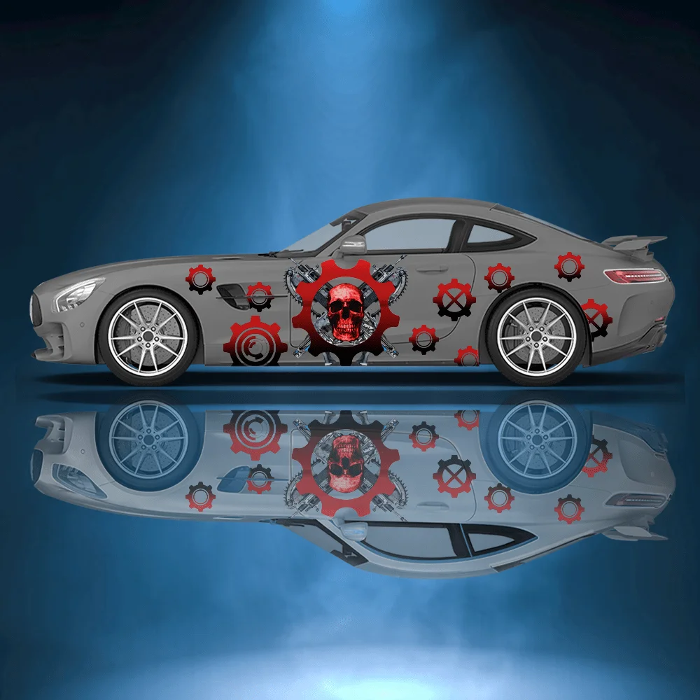 

2 шт. наклеек на боковые части автомобиля с изображением черепа и шестерен, самоклеящиеся, из ПВХ, водонепроницаемые и устойчивые к царапинам, аксессуар для автомобиля, подарок