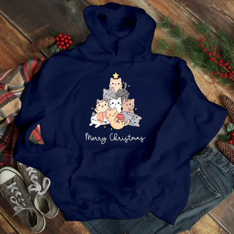 猫のクリスマスツリーパーカー、かわいい猫好きへのギフト、面白い猫ママスウェットシャツ、ニャーっとするクリスマスホリデーアパレルジャンパートップス