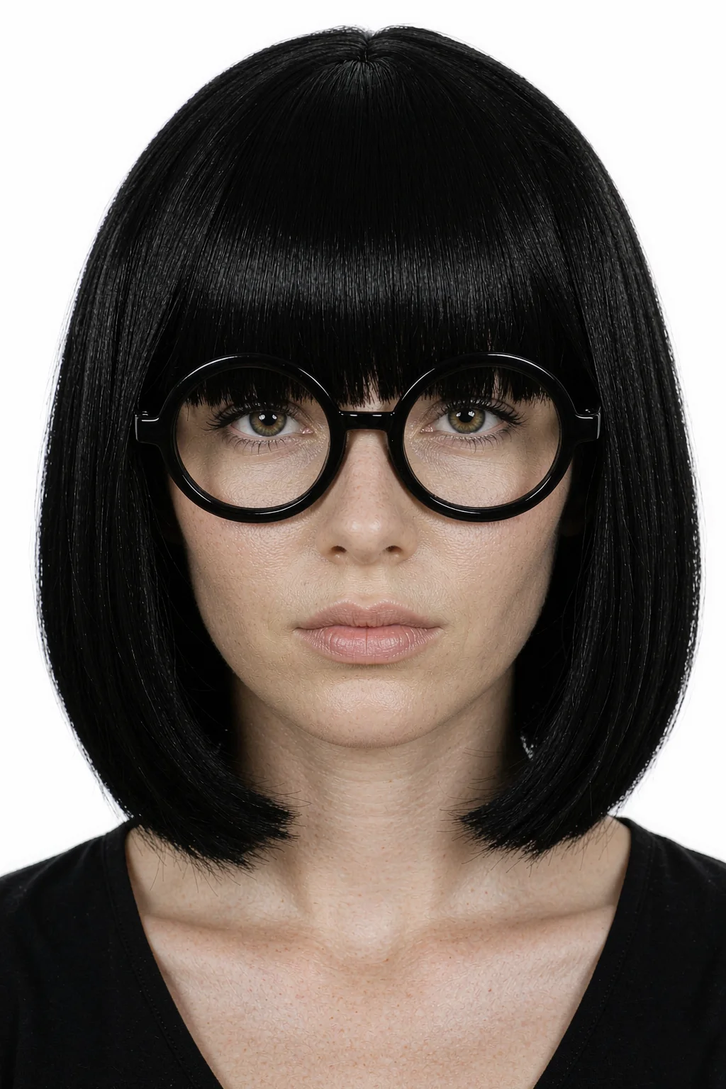 Black Short Bob Wig with Round Glasses Heat Resistant Synthetic Hair for Women