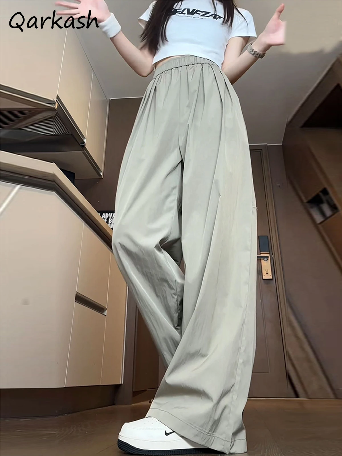 Pants Women New Summer Quick Dry Breathable Cozy Simple Fashion Korean Style Floor Length Wide Leg Straight High Waist Trousers