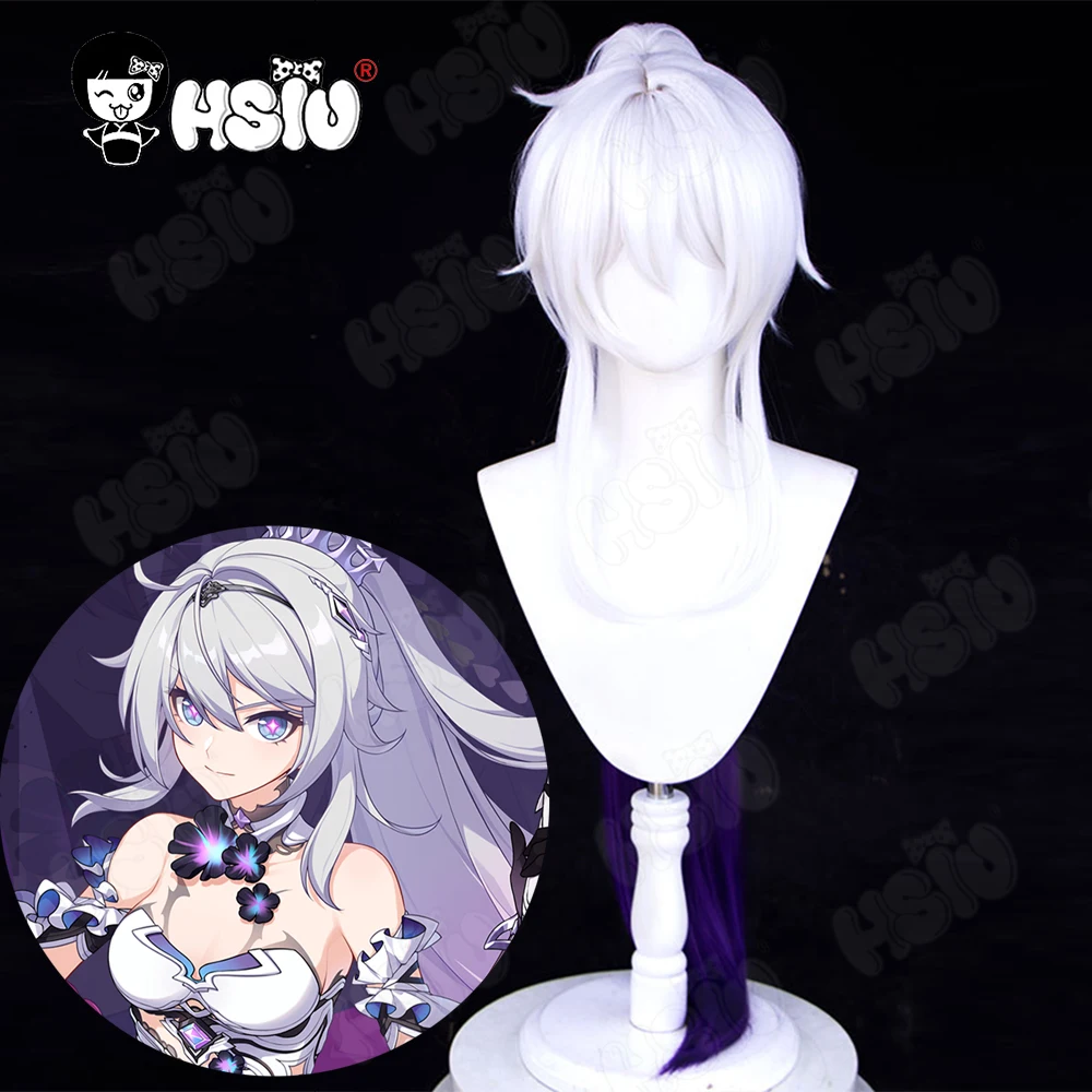 Kiana Kaslana Cosplay Wig Fiber synthetic wig Game Honkai Impact 3 Cosplay「HSIU 」White mixed purple ponytail long Wig+Wig Cap