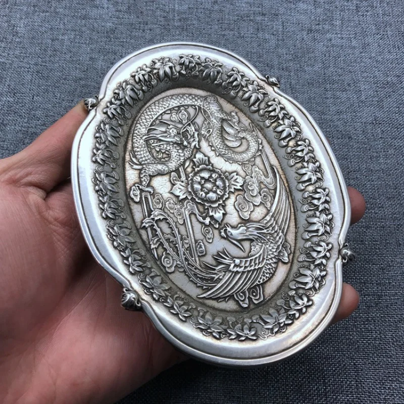 Antique Antique Miscellaneous Collection White Copper Silver-Plated Dragon and Phoenix Plate Retro Lion's Head Dragon and Phoeni