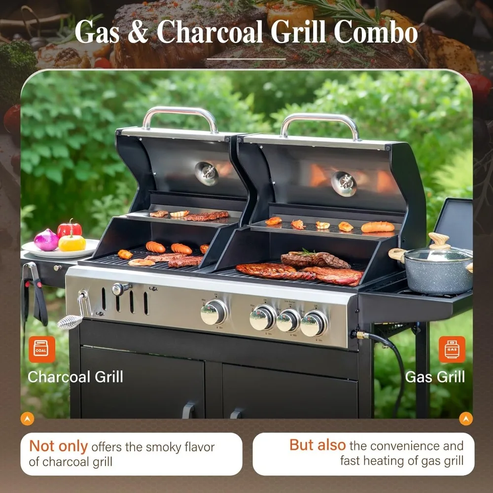 US Shipping Dual Fuel Charcoal Propane   Grill Combo with Side Burner Porcelain Enameled Cast Iron Grate Outdoor BBQ