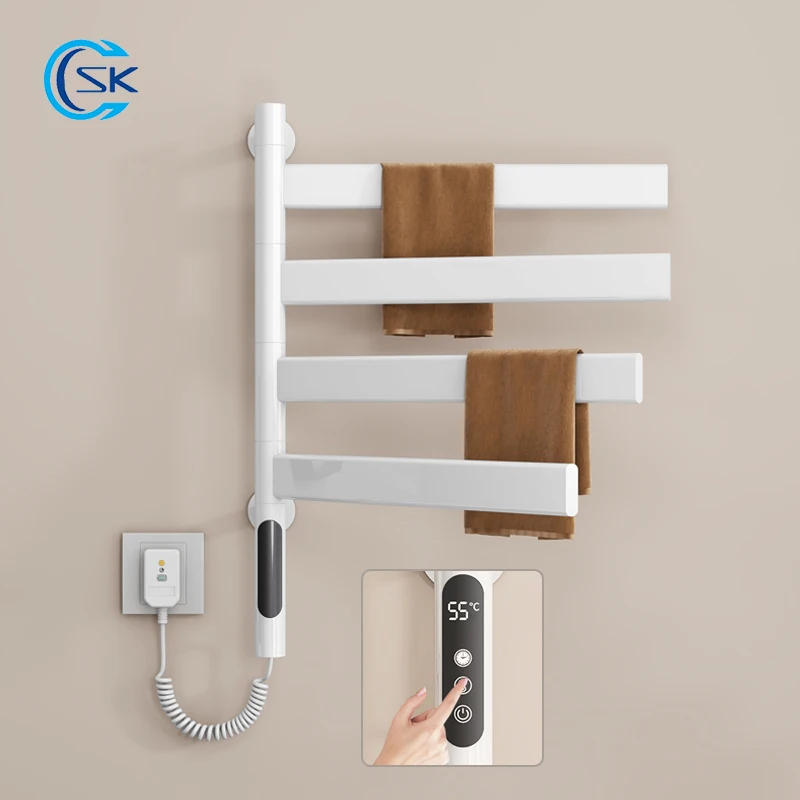 Bathroom White Rotatable Electric Heating Towel Rail Square/Round Rods Towel Warmer Temperature Time Control Electric Towel Rack