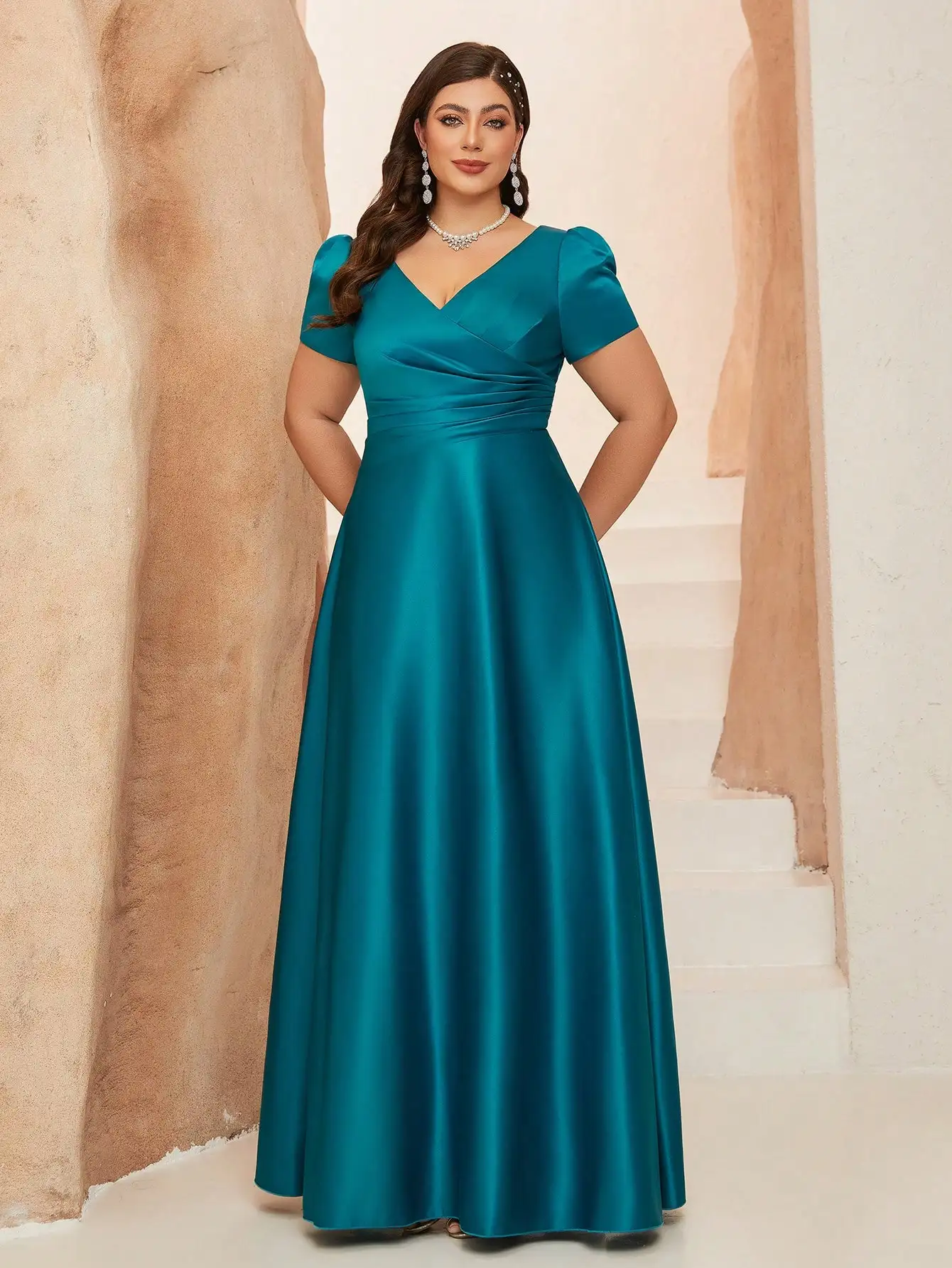 Mgiacy New Arrival V neck  Solid Color Bridesmaid Dress Ruched Puff sleeve Satin Long dress