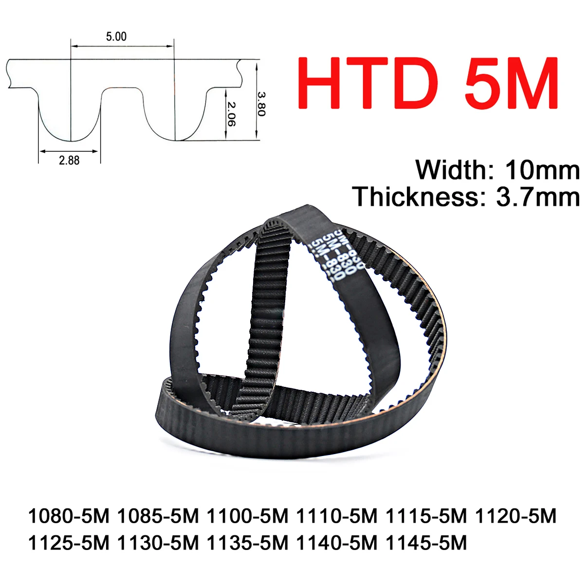 1Pc Width 10mm 5M Rubber Arc Tooth Timing Belt Pitch Length 1080 1085 1100 1110 1115 1120 1125 1130 1135 1140 1145mm Drive Belt