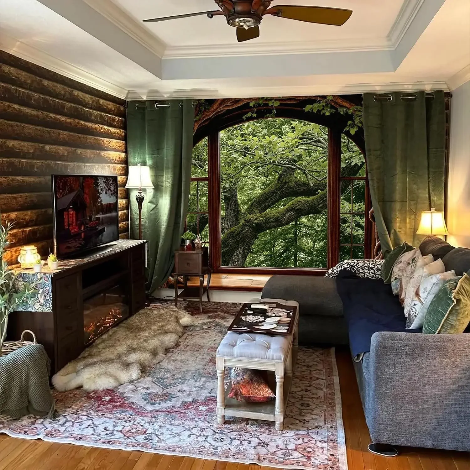 Large Forest Nature Tapestry Mural Woodland Window View Greenery Biophilic Wall Art Hanging Decoration Backdrop 150x300cm