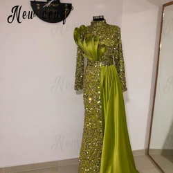 Plus Size Ladies Tender Green Prom Dresses Arabic Muslim High Neck Long Sleeve Wedding Dinner Party Dress With Overskirt