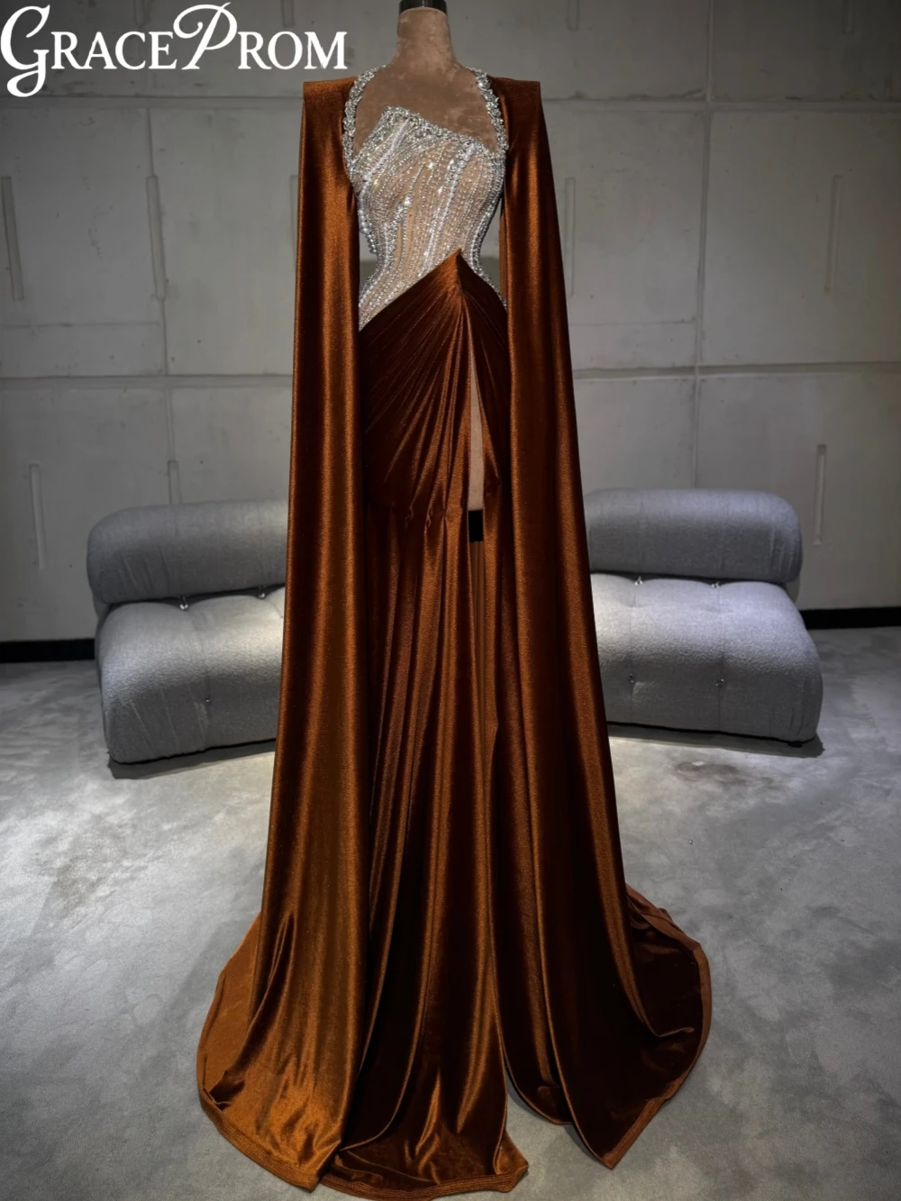 

Коричневое бархатное длинное вечернее платье с разрезом и бисером, роскошное свадебное платье с жемчугом и рукавами-накидкой, элегантные платья для выпускного вечера по индивидуальному заказу