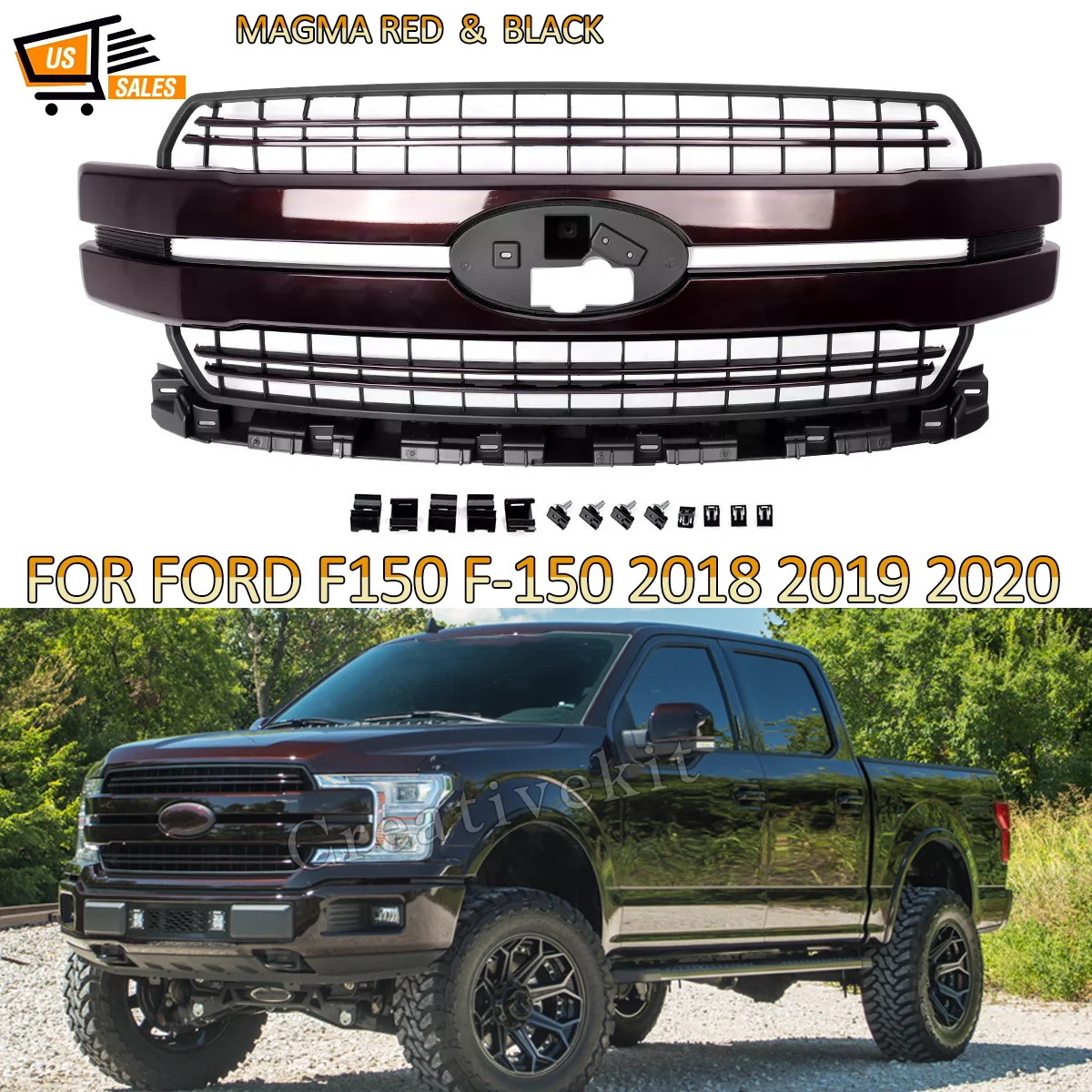 Magma Red Grille For Ford F150 Lariat 2018-2020 Front Bumper Grille Upper Grills Air Inlet Grille Radiator Grills Racing Grills