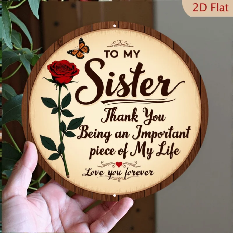1 plaque murale en métal plate et ronde 2D, motif vintage rose rouge et papillon, cadeau d'appréciation pour sœur, pour chambre et salon, 8 pouces