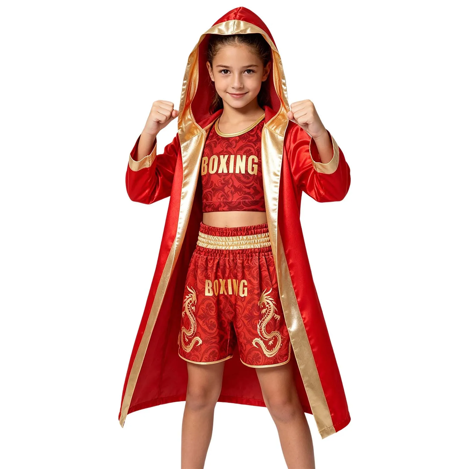 Kinder Jungen Mädchen Metallic-Verzierung Kampf-Boxoutfit mit Kapuze, Boxermantel und Gürtel, Blumenmuster-Weste mit elastischem Bund und Shorts – Detail 5