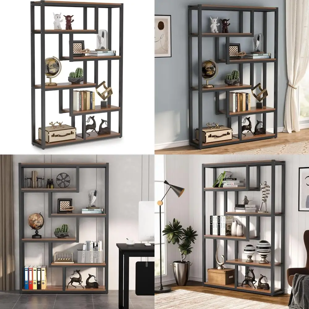 Vintage 6-Shelf Industrial Style Bookshelf, 69 Tall Display Storage with Staggered Shelves