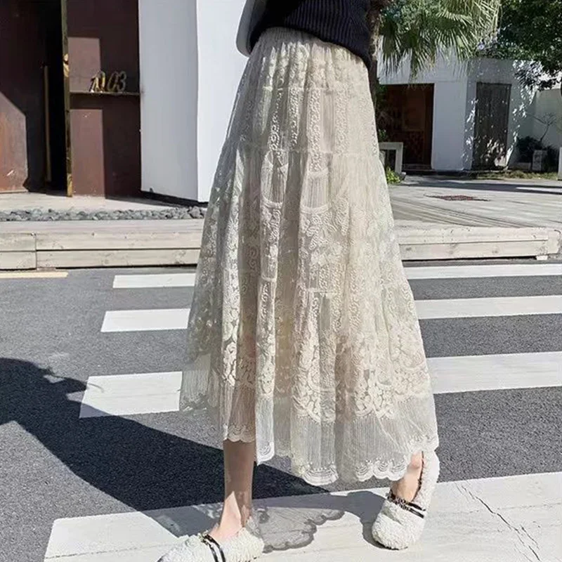 

Summer Autumn Solid Color Elegant Fashion Embroidery Skirt Hollow Out Aesthetic Sweet Chic Elastic Waist Long Lady Skirt F04