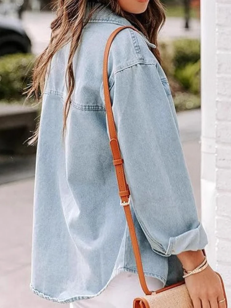 New Washed Loose Long-sleeved Denim Shirts for European American Women, Spring and Autumn Fashionable Four-button Shirt Jackets view 4