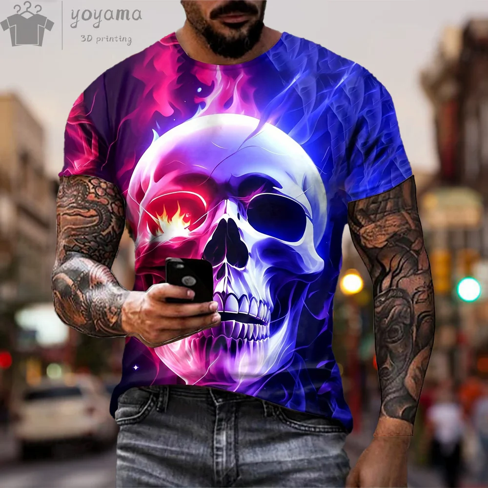 

Модная тенденция с рисунком черепа, футболка большого размера с круглым вырезом, футболка с короткими рукавами, уличные мужские топы со скелетом ужасов, повседневная мужская одежда