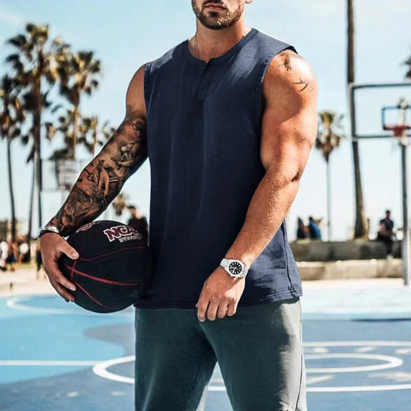 Man\'s Henry collar Vest Summer male Casual Tank-top Sports Sleeveless Top Cotton Fitness Flower Print Solid Color Mens Clothes