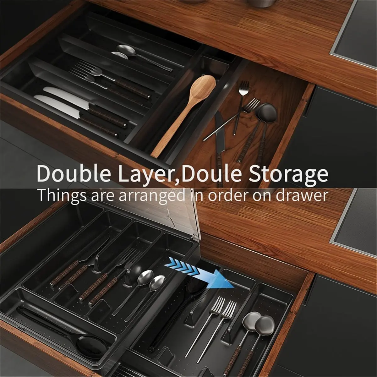 New Arrival Double Layer Silverware Tray with Lid, Drawer Organizer for Utensil Tray, Cutlery Storage Holder with Cover