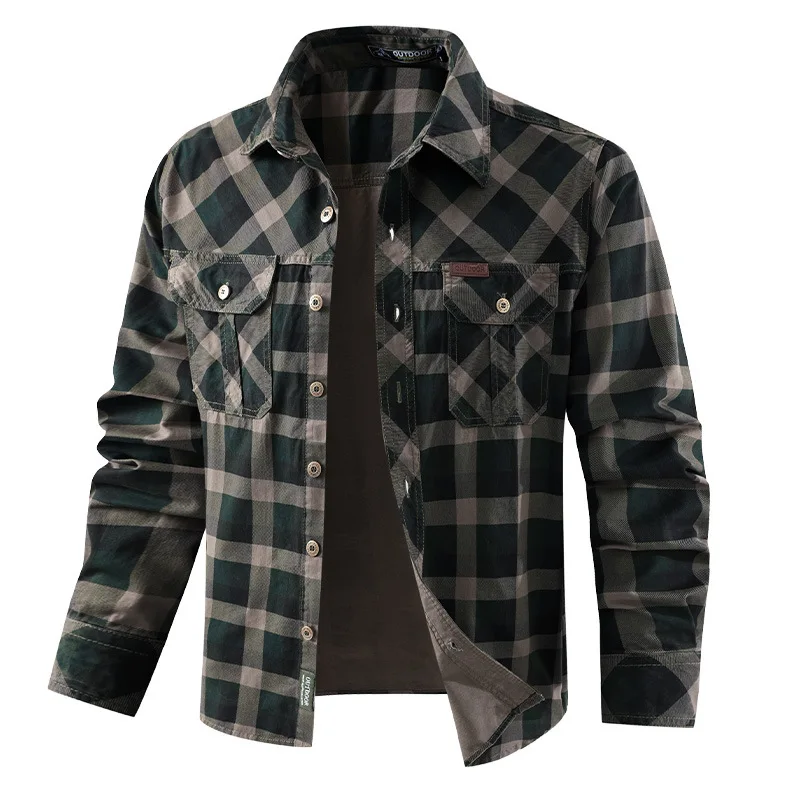 メンズ レトロ ワークウェア チェック柄シャツ 純綿 マルチポケット カジュアル ルーズ 長袖 春新作