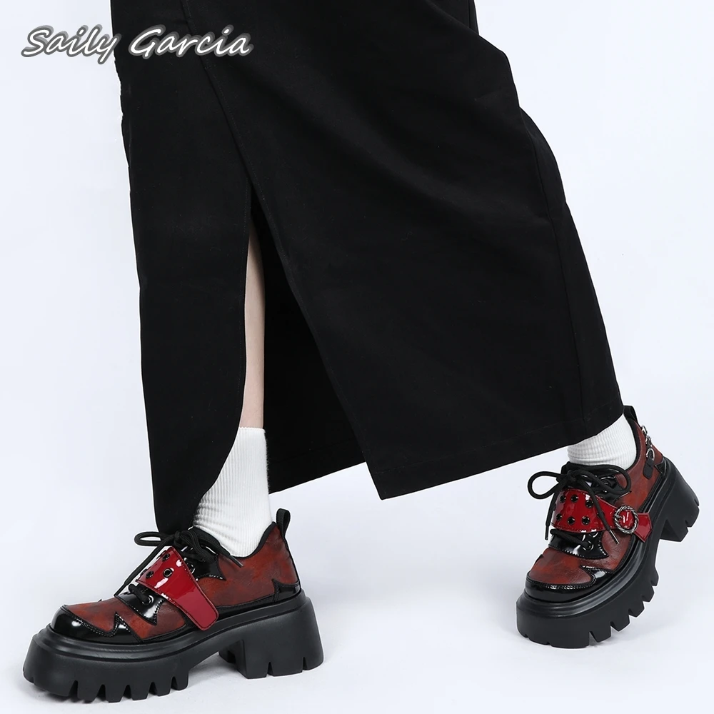 [Demon's bloodbloodoriginal desain Glossy Chunky Heel seksi sepatu bot sepergelangan kaki sepatu kasual gaya Punk Sfumato 2024 sepatu Platfom jari bulat