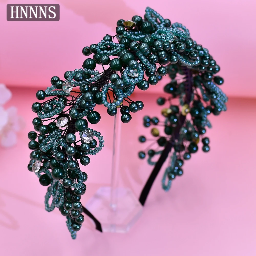 

HNYYX Green Crystal Hairhoop Pearls Headband Elegant Hair Jewelry Accessories Vintage Hair Piece Women Wedding Headdress A87