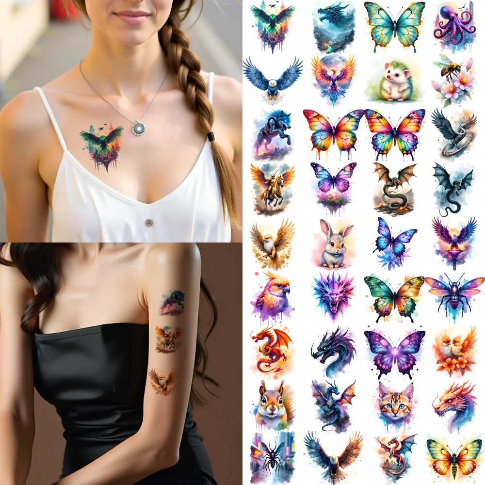 

28 шт. временная татуировка единорог временные татуировки наклейки дракон орел акварель бабочка для детей щеки руки