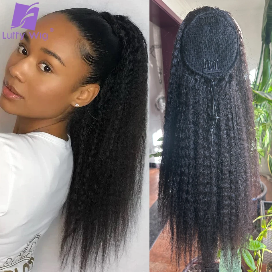 Kinky Straight Drawstring Ponytail Human Hair Brazilian Remy Italian Yaki Ponytail Clip in Hair Extension for Black Women LUFFY