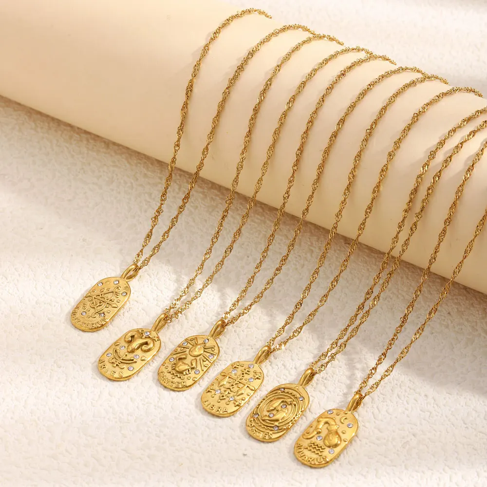 MamacitaSlay 316L Stainless Steel Zircon 12 Constellation Tarot Card Necklace 18K Gold Plated Waterproof Jewelry Women\'s Gifts