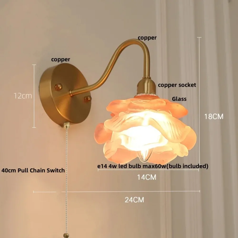 Vintage Loft LED Wall Lamp Sconce Reading Dining Room Restaurant Pull Chain Switch Pink Glass Copper Stair Light Fixtures