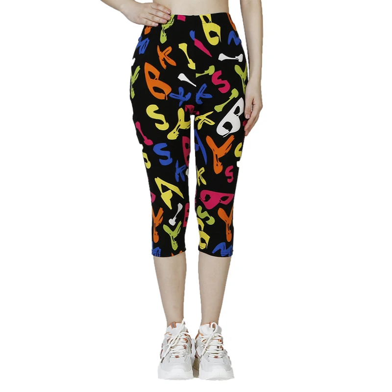 QR30 Colored Letters Summer Printed Pants, Soft and Elastic Casual Sports WOMEN\'S Fitness Capris