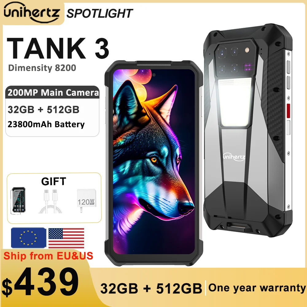 Unihertz Tank 3 by 8849 Rugged Smartphone 32GB 512GB 23800mAh 120W Charger Dimensity 8200 5G Cell Phone 200MP 120Hz Mobile Phone
