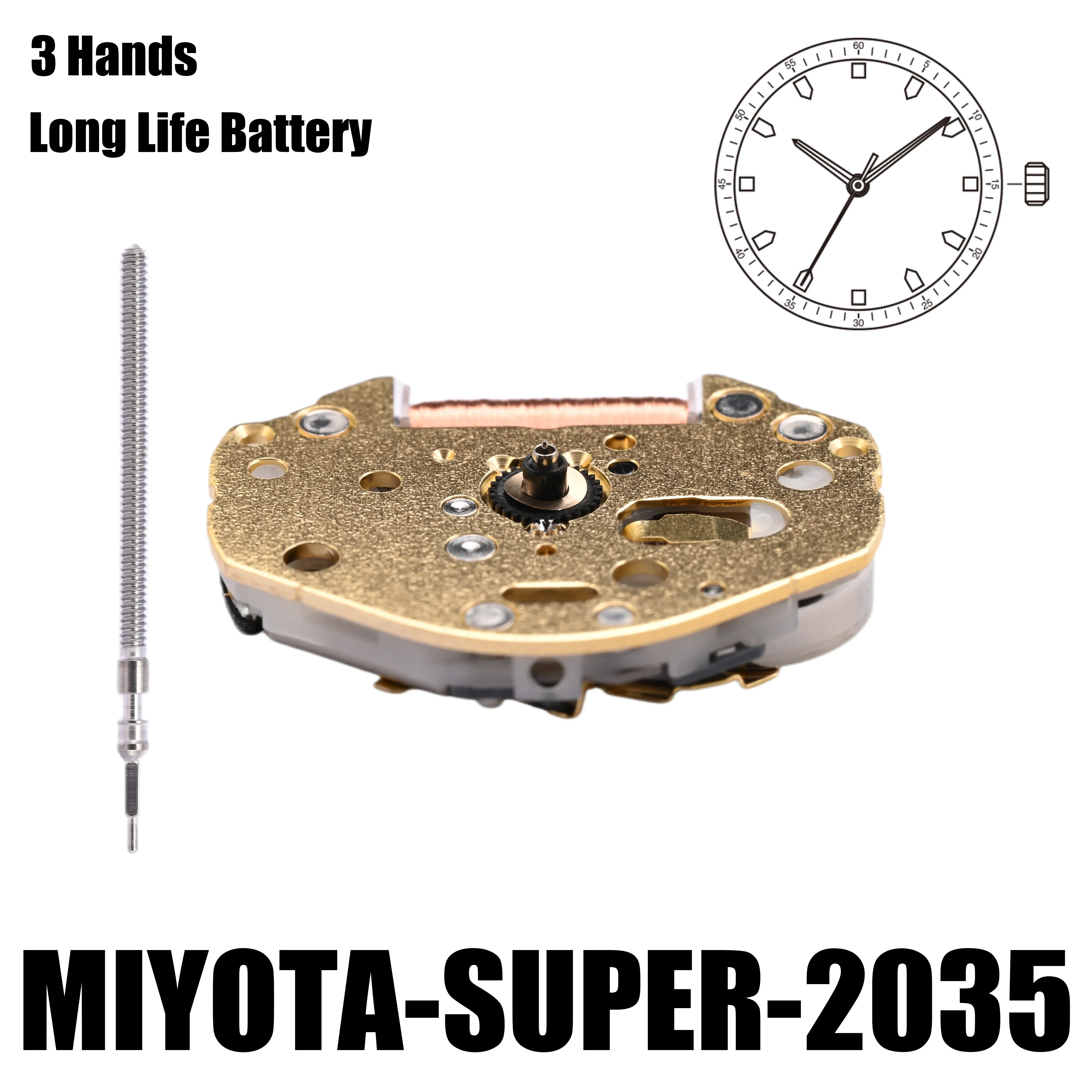MIYOTA Super 2035 dorado estándar, movimiento de cuarzo, 3 manos, tamaño: 6, ''3/4 × 8, altura: 3,15mm-tu motor-Movimiento de Metal hecho en Japón.
