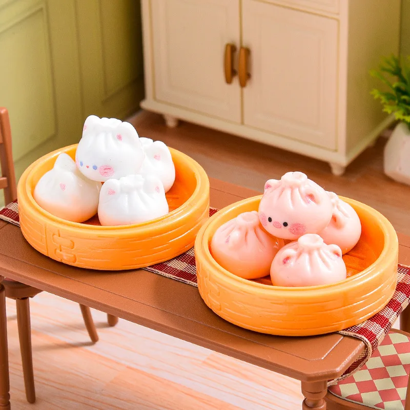 6PCS Kawaii Miniature Steamed Bun Resin Figurines Cute Xiaolongbao Food Dollhouse DIY Accessories Desktop Decoration